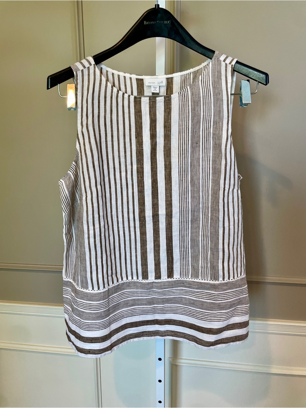Pure Jill J. Jill Petite Medium Linen Striped Tank Brown White Sleeveless
